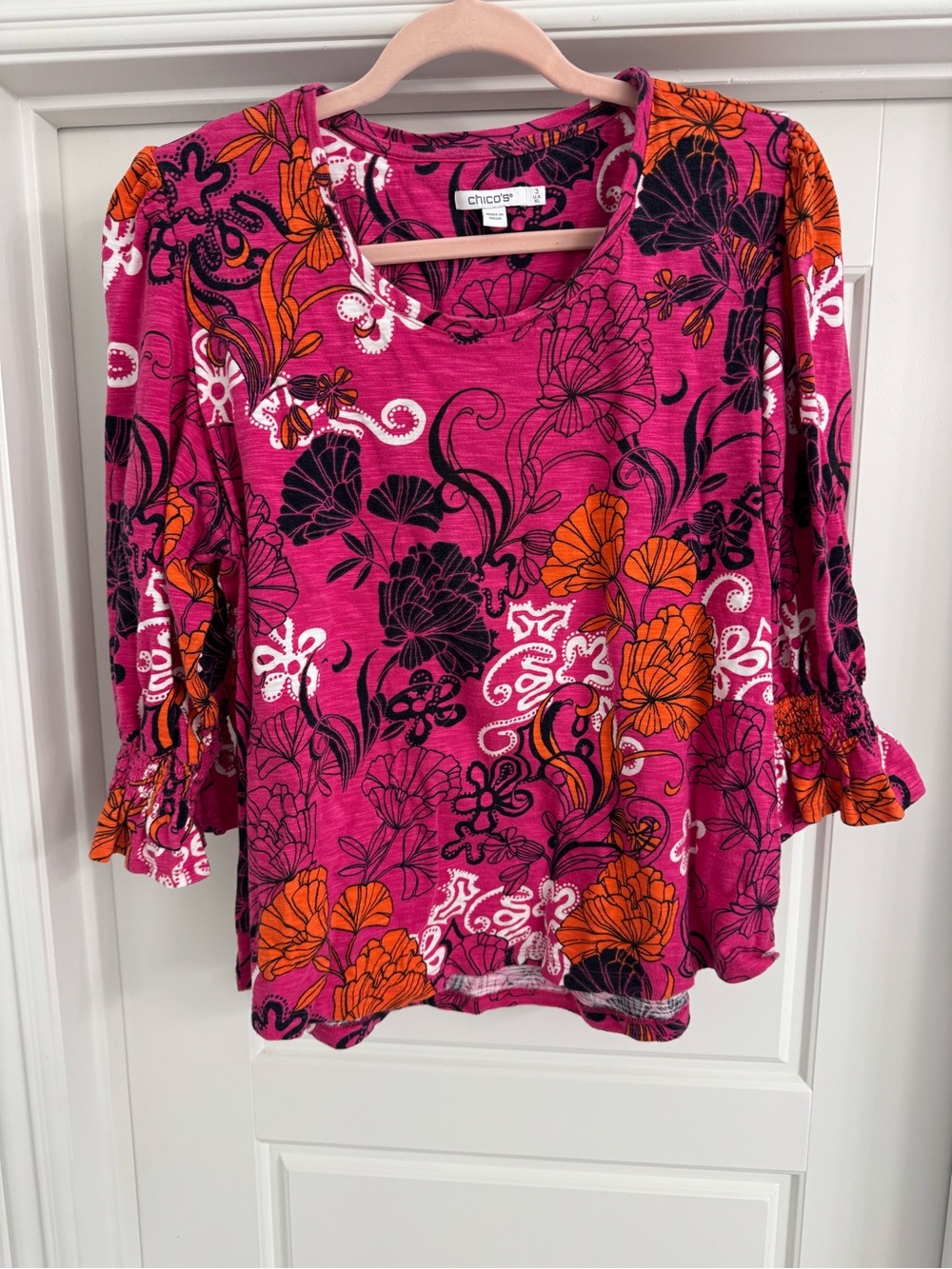 Chico's Hot Pink Floral Print Long Sleeve Top with Orange Accents